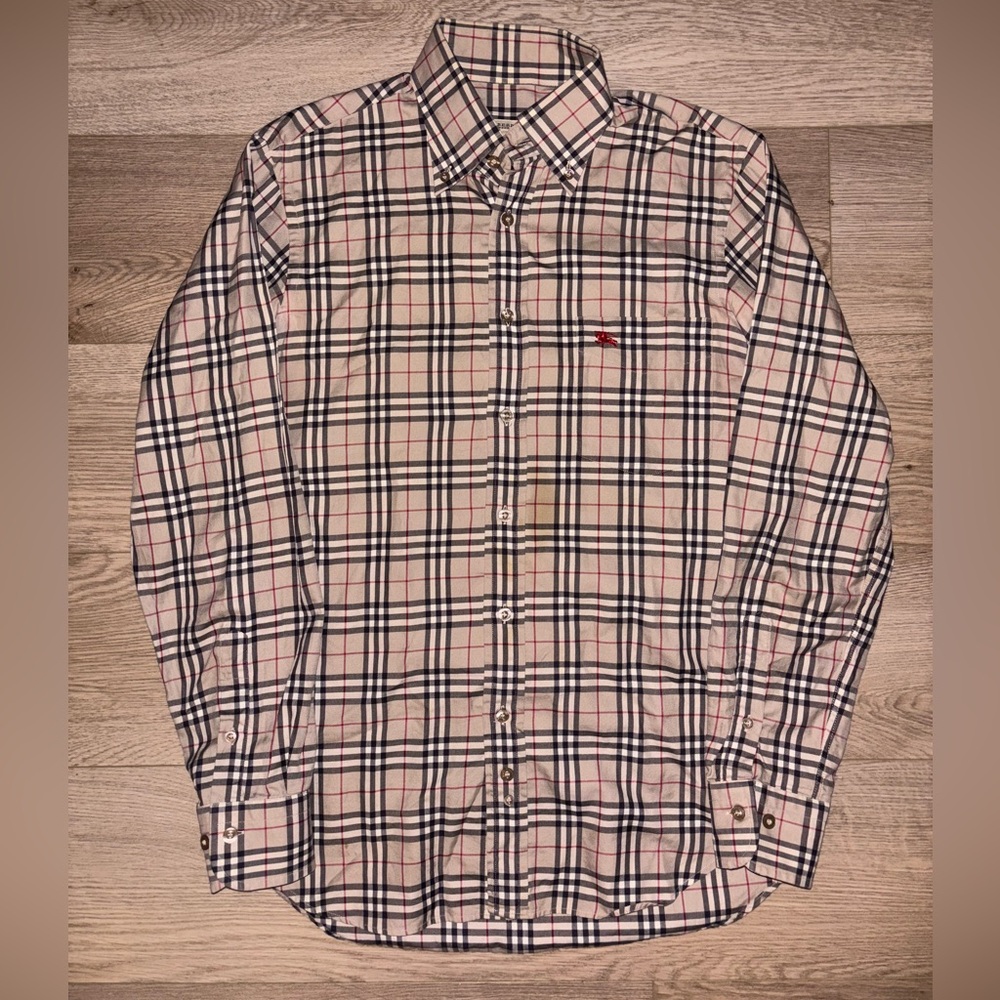Burberry Classic Check Print Beige Striped Button Down Shirt
